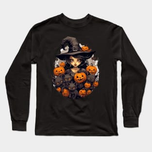Cute Halloween Witch with Black Cats and Pumpkins Long Sleeve T-Shirt